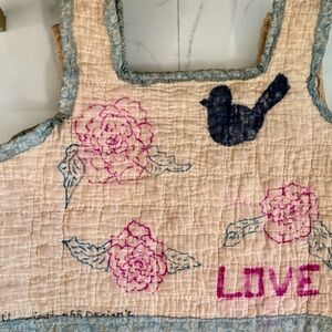 Love Bird Quilted Tea Dyed Top With Fabric Trim